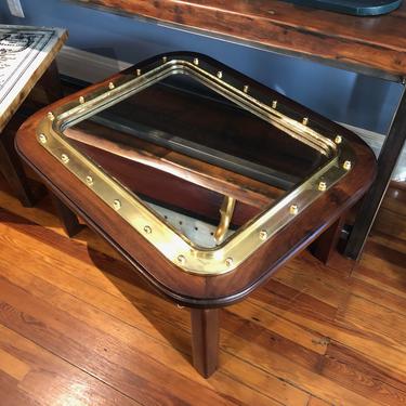 Coffee Table, Rectangular Porthole, Mirror Insert, Brass and Mahogany