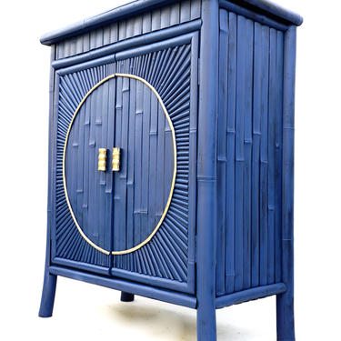 Vintage Chinoiserie Bamboo Cabinet | Blue &amp; Gold Versatile Entry Hallway Bedroom Two-Door Storage Catchall Boho Chic Furniture 