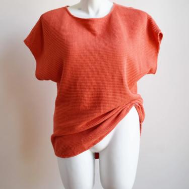Vintage Persimmon Orange Waffle Knit T | L/XL | 1990s 100% Cotton Chunky Knit Boxy Blouse | Top 