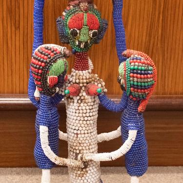 Vintage Beaded Red Blue Green African Statue Table Sculpture 