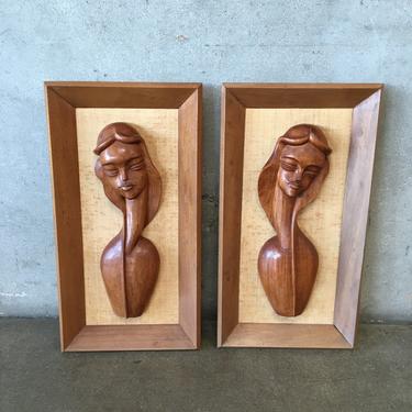 Pair of Monkey Pod Carved Female Bust Plaques