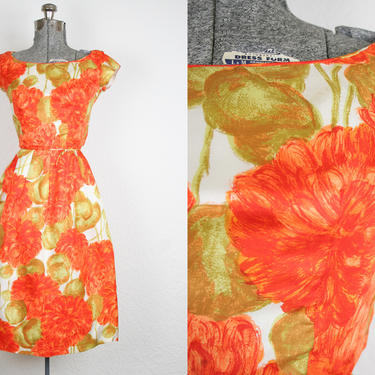 1960's Oversized Peony Print Satin Silk Cocktail Dress / Size XSmall 