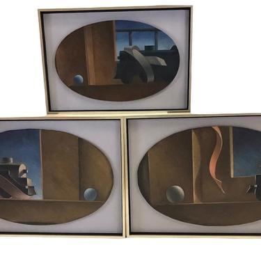 3 WPA Artist Paintings Ribbon Trains Oil on Canvas Ovals Mounted
