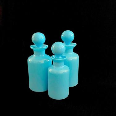 Vintage Set of 3 1920s - 1930s Portieux Vallerysthal PV FRANCE Blue Opaline Glass Bottles for Cologne / Perfume / Apothecary 