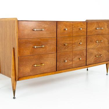 William Hinn Style Kent Coffey Mid Century Auburn Walnut and Pecan 9 Drawer Lowboy Dresser - mcm 