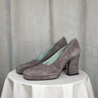 Vintage Grey Suede Square Toed Heels