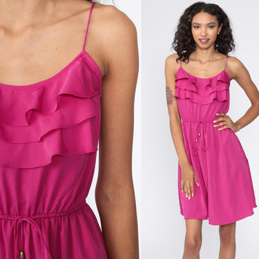 Pink Ruffle Dress 90s Sun Dress Mini Dress Floaty 1990s High Waisted Spaghetti Strap Vintage ruffled Sundress Small 