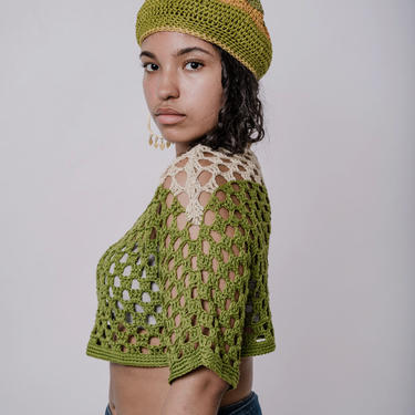 Sailin' On Crop Tee in Grass and Putty /Green &amp; Cream Crochet Top/Handmade Crochet Top/Crochet Half Sleeve Top/Crochet Cropped Sweater 