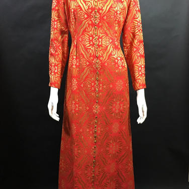 Vintage 1950s Red Brocade Front Button Gown - Small 