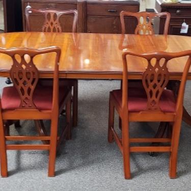 Item #R69 Vintage Yew Wood Dining Set with Six Chairs