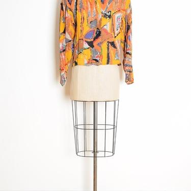 vintage 80s CACHE blouse top shirt mustard abstract print colorful S M clothing 