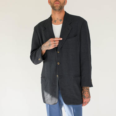 Vintage 90s Giorgio Armani Steel Blue & Black Tweed Three Button Blazer | Made in Italy | Rayon/Wool Blend Gabardine | 1990s Designer Jacket 