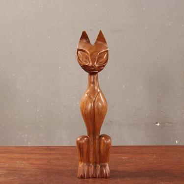 Mid Century Tiki Wooden Cat Statue