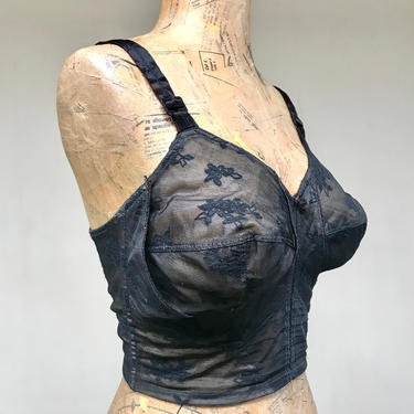 Vintage 1950s Black Lace Longline Bra, 50s Promise by Poirette Sheer Nylon Floral with Cutaway Cups and Boning, Size 38D 