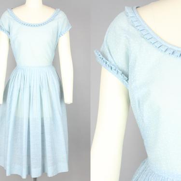 1950s Sheer Pin-Dot Day Dress | Vintage 50s Full Skirt Light Blue & White Dress | Small 