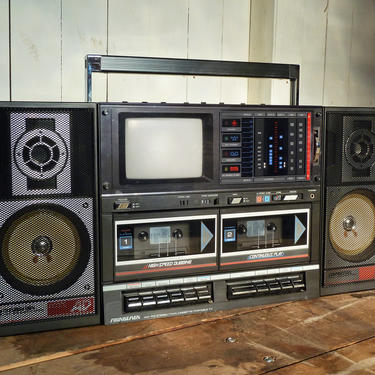 Old School Boombox Television Combo Vintage 1980s Portable Stereo Dual Cassette Deck - Soundesign 4873 - Vintage Audio 