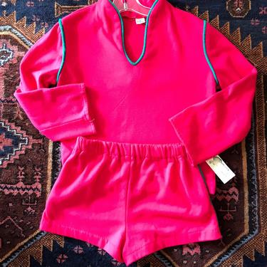 70's-80's 2 piece Warm-up short shorts jogger Set~ XSmaller size~ hot neon pink &amp; teal green~ Watermelon Vibe~ Teen girl 1980 