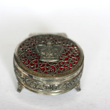 vintage silver metal filigree footed jewelry casket with crown embellishment 