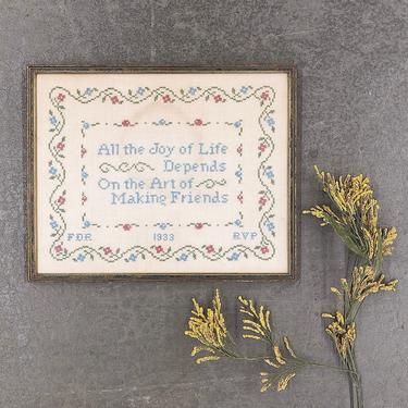 Vintage Cross Stitch Retro 1933 Handmade + Glass Front + Wood Framed Friendship + Art Quote + Rhyme + Red + Blue + Green + Floral Details 