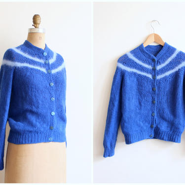 vintage 70s cardigan sweater - hand knit cardigan / cobalt blue sweater - pale blue angora stripes / vintage hand crochet granny sweater 