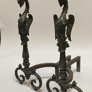Baroque Style Scrolling Bronze and Iron Griffin Firedogs / Andirons, Pair 