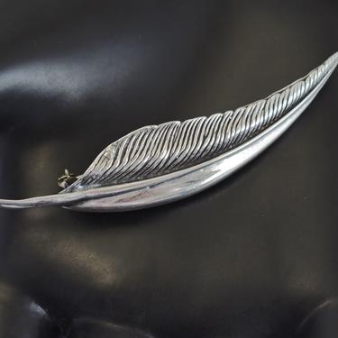 80's Jezlaine sterling feather brooch, handsome detailed Jez 925 silver abstract bird's plume designer pin 