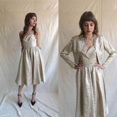 Vintage 50s Gold Brocade Dress and Bolero Set/ 1950s Fit and Flare Strapless Dress/Bridal Wedding/ Formal Gold Party Dress/ Size XS Small 