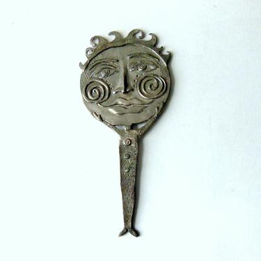 LEANDRA DRUMM Hand MIRROR Vintage Lead Free Pewter Artist Design Abstract Whimsical Sculptural Face Body Sugar and Spice Girls Vanity Akron 