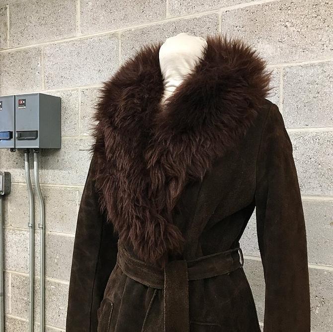 Vintage Suede And Fur Trench Coat Retro, Dark Brown Fur Coat Womens