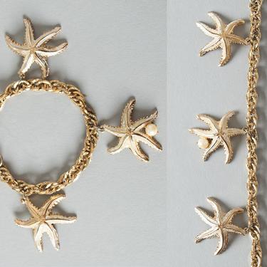 Vintage 1950s 1960s Charm Bracelet | 50s 60s KRAMER Starfish Pearl Nautical Gold Tone Metal Link Bracelet 