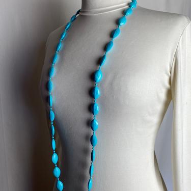 Vintage 60’s turquoise long beaded necklace~ groovy Mod Pop of color~ plastic retro necklace~ long length~ 1960s costuming 