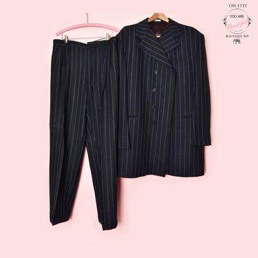 Vintage Pinstripe ZOOT SUIT Mens Black Gangster Mafia Suit, Double Breasted, XL, Long Jacket Coat & Pants Trousers Italy Rome 1970's, 1980's 