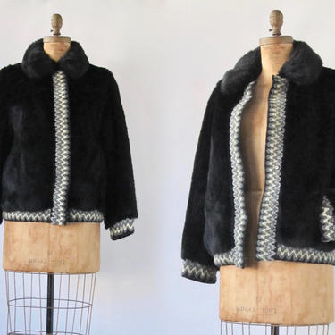 Vintage 60s Lilli Ann Jacket | 1960s Black Faux Fur Coat with Woven Trim | Designer, Glam, Mod, Mad Men | Size Medium 