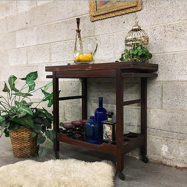 LOCAL PICKUP ONLY Vintage Bar Cart Retro 1970's Dark Brown Wood Drink Cart Hidden Leaf Sectioned Bottle or Wine Storage by Superior Table 