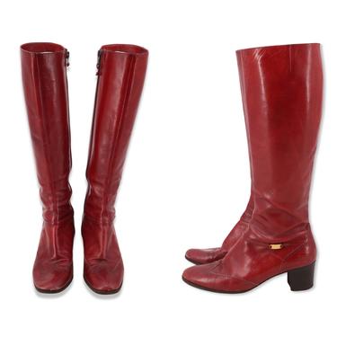 70s sz 8 red FERRAGAMO knee high boots / vintage 1970s cherry Oxford go go calf boots shoes 38 8 