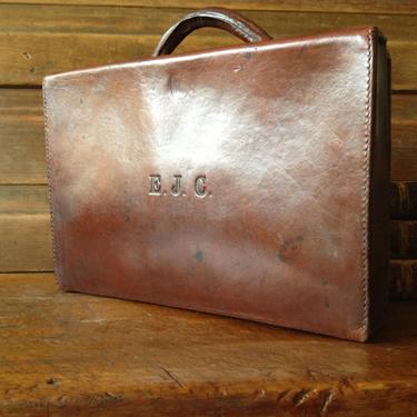 Brown Leather Suitcase, English Lever Chestnut Attache Document Case Briefcase Monogrammed 