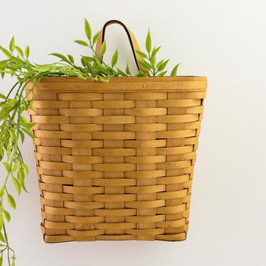Vintage Bradford Basket Co Hanging Basket with Leather Handle, Handwoven Wood Wall Pocket, Basket Storage 