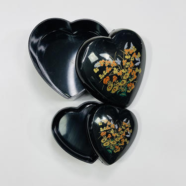Vintage 1980s Set of 2 Black Heart Shaped Plastic Nesting Boxes 