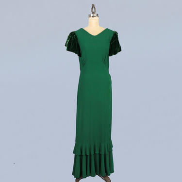 1930s Dress / 30s Emerald Green Gown / Crepe and Silk Velvet / Flutter Sleeves 