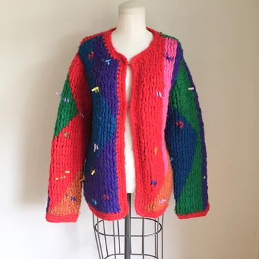 Vintage 1980s Chunky Rainbow Cardigan / L 