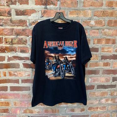 Vintage 3D Emblem American Biker Running Free T-Shirt Size XL Single Stitch Jim’s Hawg Shop Las Vegas made in the USA 