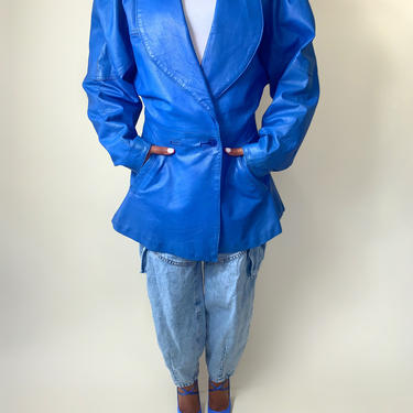 VINTAGE 80s Blue Leather Women's Jacket 