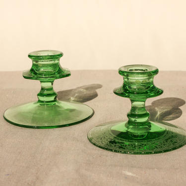 Vintage 80s Floral Etched Teal Green Candlestick Holder Pair | Centerpiece, Home Decor, Glassware, Bohemian | 1980s Boho Candle Holder Set 