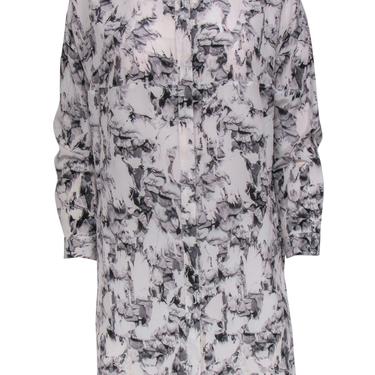 All Saints - Ivory, Grey & Pink Floral Print Button-Up Silk Shirtdress Sz 2