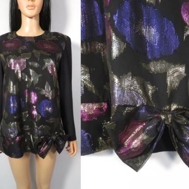 Vintage 80s Metallic Shimmer Floral Party Blouse With Bow Detail Size L/XL 