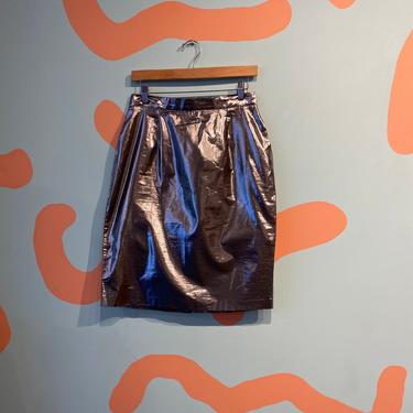 Vintage 80s / 90s Christine Thomson Neiman Marcus Liquid Silver Metallic Knee Length Shiny Silky Foil Metal Skirt 