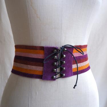 Vintage 60s Suede Corset Belt/ 1960s Mod Striped Leather Waist Belt/ Size Medium 