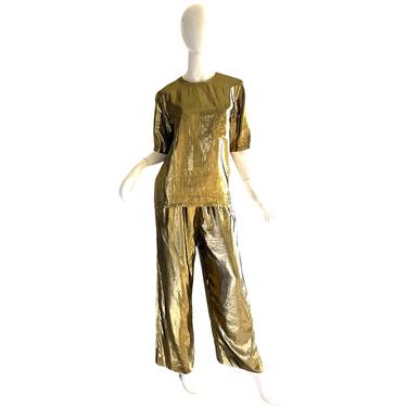 80s Gold Lame Pant Set / Vintage Disco Metallic Palazzo Pantsuit / 1980s Party Jumpsuit Medium 