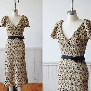 1930s Crazy Crochet Day Dress | NRA Label | 1930s Knit Dress with Ruffle Collar | 1930s Deco Day Dress | XS/S 