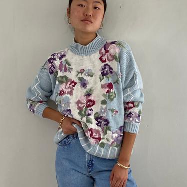 80s pansy knit cotton sweater / vintage hand knit embroidered baby blue cotton intarsia garden trellis spring pansies floral sweater | L 
